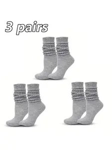 Women's Basic Plain Knitted Socks Set, Breathable & Warm Cotton Stockings, Soft Comfort Design, Ideal for Daily Wear, Office, Home Use