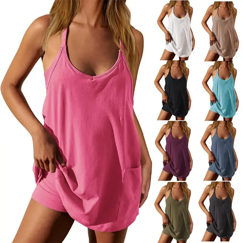 Tanming Women's Sleeveless Athletic V-Neck Spaghetti Strap Mini Sports Romper Dress - Built-in Shorts, Pockets, Sporty Chic Design, Athleisure Wear for Spring Tennis, Summer Vacations, Beach Outings