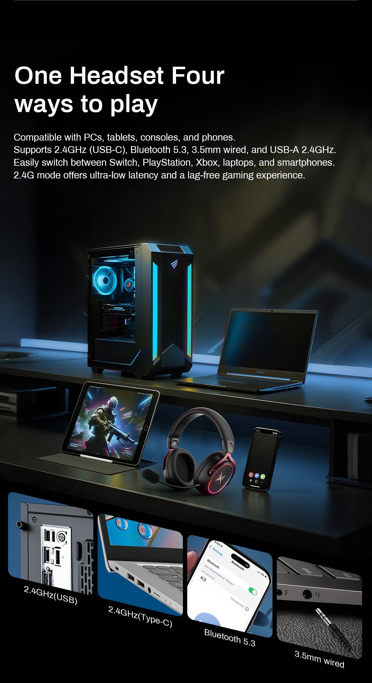 [New Year Picks] TAGRY K3 Gaming Headset - 7.1 Surround Sound - 50mm Drivers - Memory Foam Cushion - Bluetooth 5.3-USB-A/C Dual Interface 2.4G - Wired 3.5mm Audio Jack - For PC, Mac, PS4, PS5,Switch, Xbox, Smart Phone, Laptop, Smart Watch, Tablet