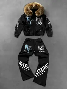 Men's Fall Winter Vintage Angel Print Faux Fur Collar Set, Street Style Cool Cross Rivet Two-Piece, Casual Fashion Streetwear