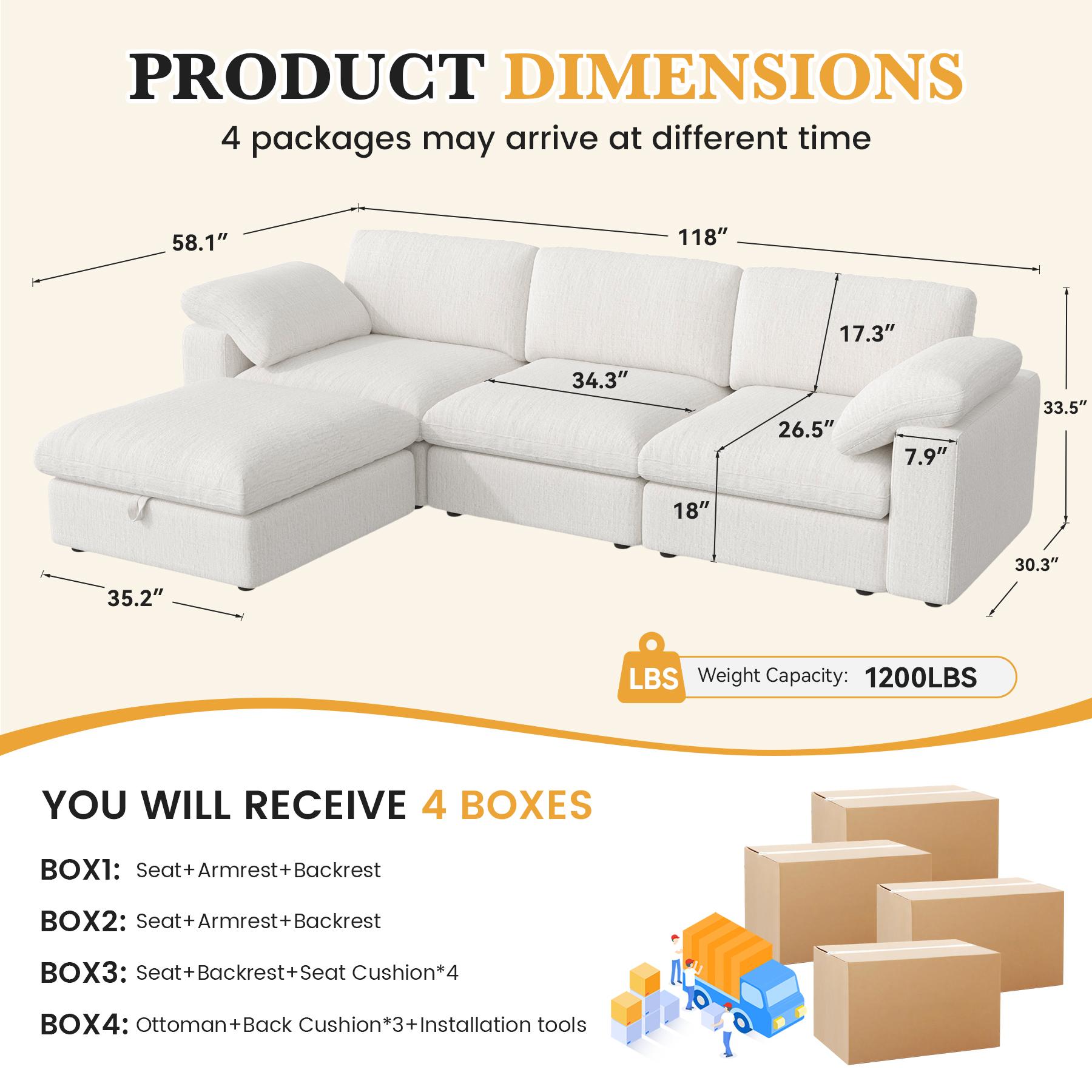 【Shipped in four Packages】118" L Shaped Modular Sectional Sofa, Oversized 3-Seater Convertible Cloud Couch, Modern Chenille Sectional Couches for Living Room, Cream White 1 PCS