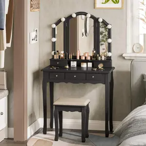 Sikaic Makeup Vanity Set with Lighted Mirror Stool Drawers and Cushioned Stool