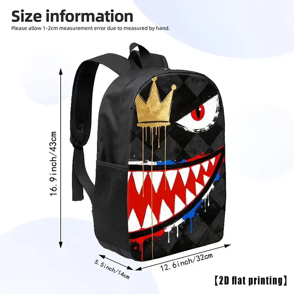 Unisex Polyester Backpack - Trendy Casual Style with Bold Print, Gold Crown, Fang-Filled Grinning Mouth, Red-Eyed Graffiti Splatter, Ideal for Backpacks for School, Streetwear Use, Waterproof