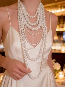 Elegant Multi-Layer Long Pearl Necklace Earrings Set, Vintage Style Jewelry for Parties Holidays Weddings, All-Season Wear, Trendy Matching Jewelry Set
