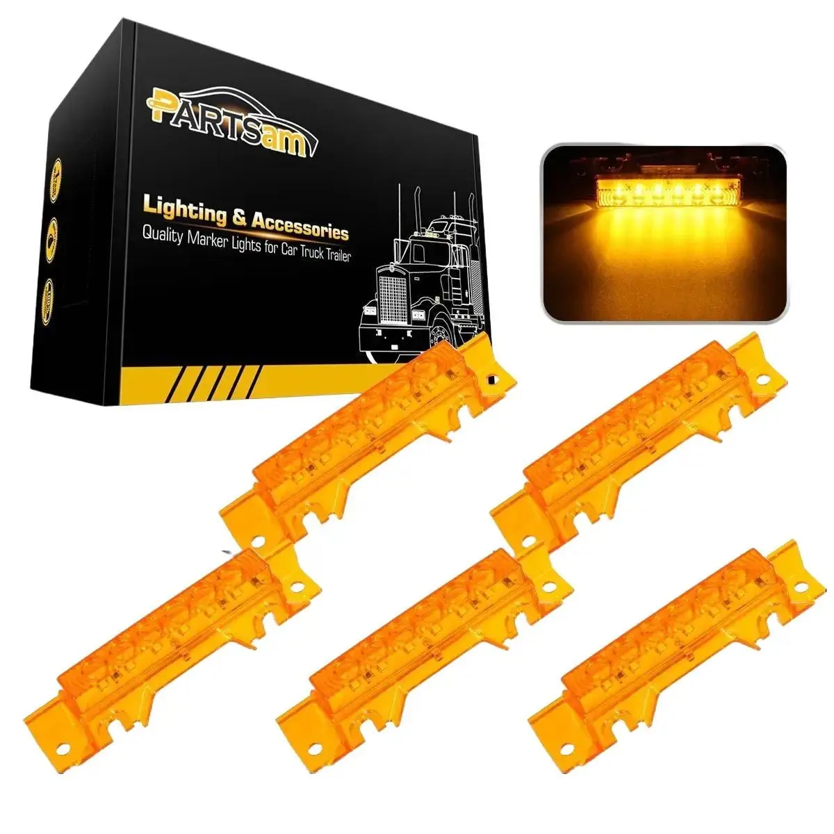 Partsam 5PCS 6LED Cab Light Truck Trailer Cab Marker Top Amber Lens Roof Running Light Reflective Lights Assembly Compatible with 2004 VN/2003-2020 VNL Trucks Waterproof