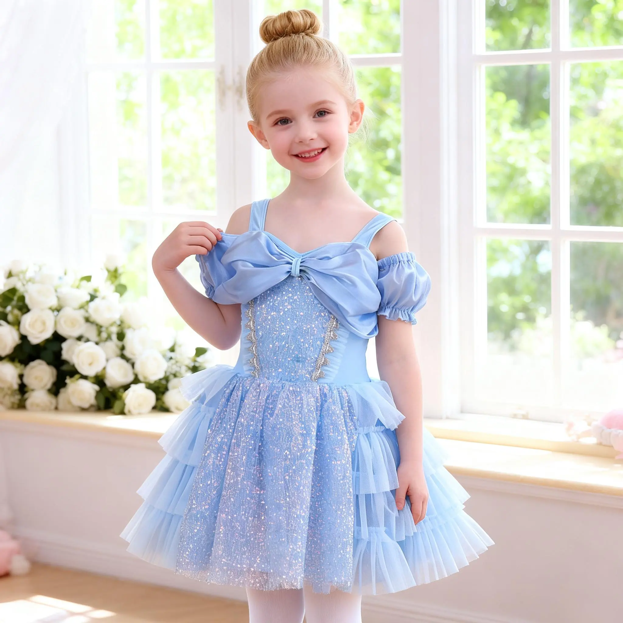 Sparkle Blue Girls Princess Tutu, Off Shoulder Ruffle Sleeve Layered Tulle Ballet Dress, Kids Dance Costume