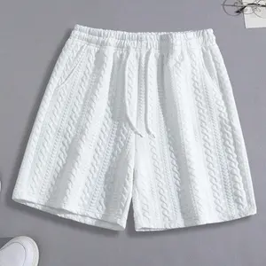Men's knit Solid Color Drawstring Waist Loose Fit Straight Leg Casual Shorts,unisex Versatile Plain Sports Shorts,Textured Jacquard Pattern,ethnic Y2K Style,Suitable For Daily Wear,Going Out,Outdoor,Leisure Vacation,Hawaiian Beach,For Summer Menswear
