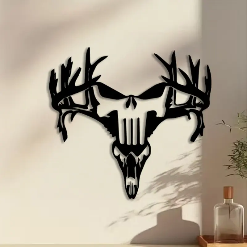 1pc Edgy Skull with Antlers Metal Wall Art, Edgy Skull with Antlers Statue Mural, Perfect for Living Room, Outdoor Space, Hunting Lodge Decor, Christmas Decor, Ideal Gift for Hunting Enthusiasts autumn home decor, Modern Home Decor