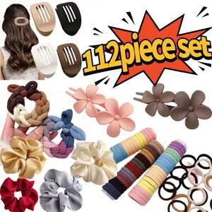 [112 piece set ]Solid Color Hair Accessories Sets, Simple High Elasticity Durable Strong Pull Hair Ties & Hair Claws, Casual Versatile Hair Accessories for Women & Girls, Rubber Bands