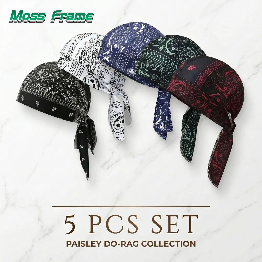Paisley Headscarf Cap Set for Adults, 2-Pack Unisex Pirate Wraps, Cooling Helmet Liner with Elastic Fit, Hand Washable for Sports, Black & Blue