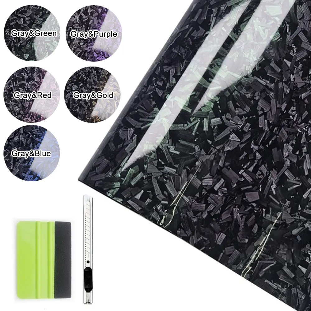 1ft x 5ft Gloss Forged Carbon Fiber Vinyl Wrap Dual Color Bubble Free Air Release Adhesive Car Wrap Film Roll DIY Decals (12"x60"))