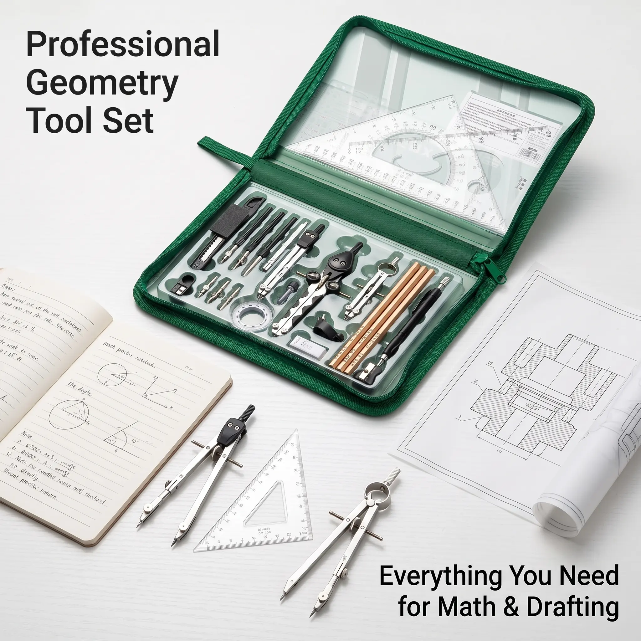 Professional Geometry Tool Set for Students, Complete Math Drafting Kit with Compass, Divider, Set Squares, Pencils, Eraser, Sharpener & Portable Storage Case