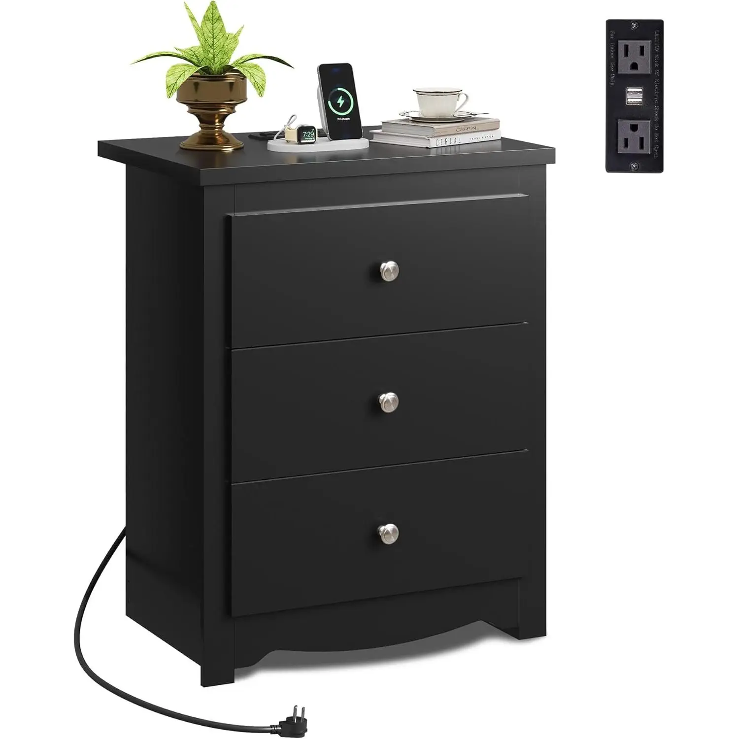 WLIVE Tall Nightstand with Charging Station, Wood Nightstand with 3 Drawers, Black Side Table for Bedroom, Dorm, End Table with 2 USB Ports and 2 AC O