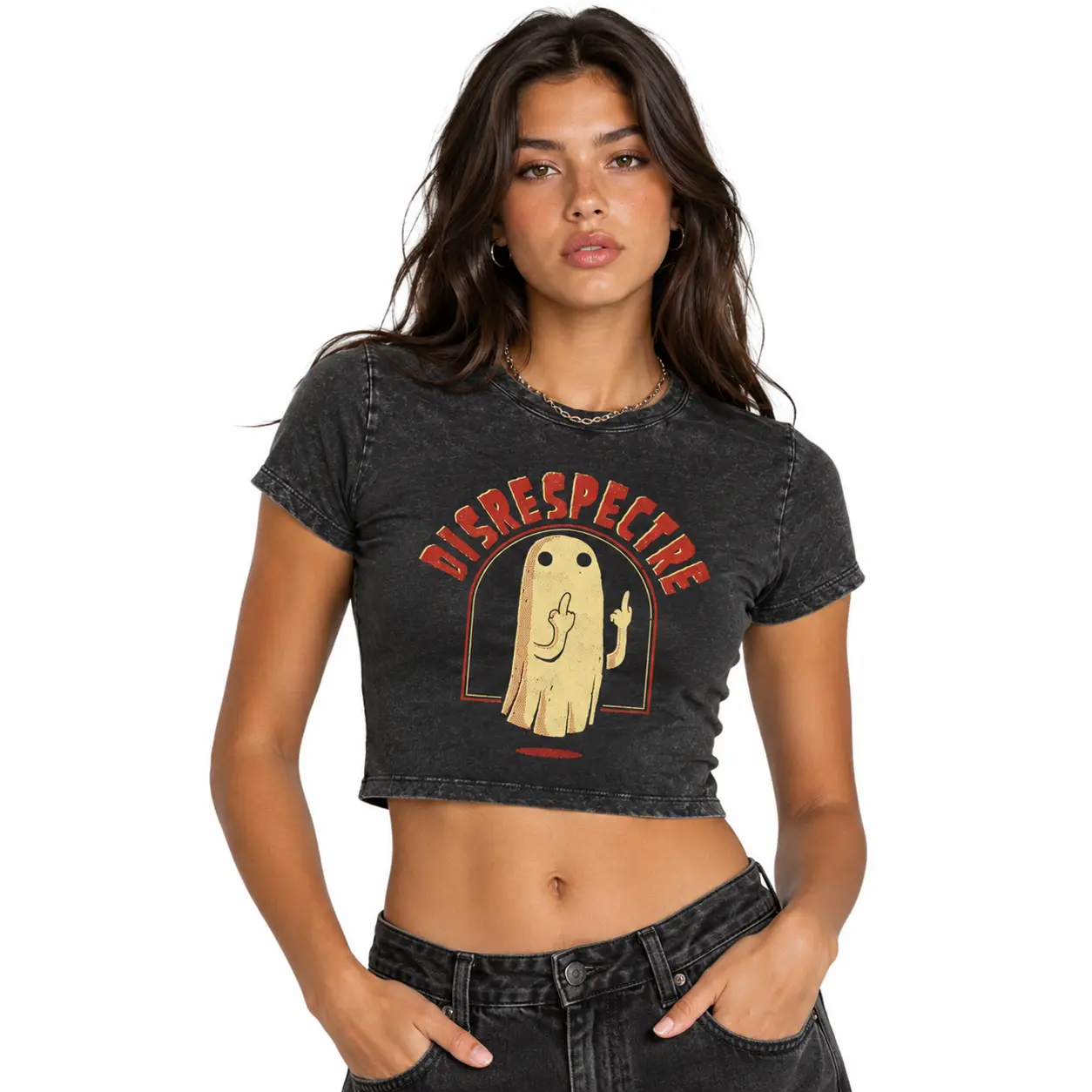Women’s Washed Black Fitted Crop Top, Disrespectful Ghost Graphic Baby Tee, Spooky Funny Halloween Print Short Sleeve Crew Neck T-Shirt, Y2K Casual Summer Going Out Streetwear Top b-m-541