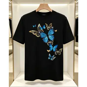 Elegant Blue Butterfly Pattern Cotton TShirt Perfect for Nature Enthusiasts