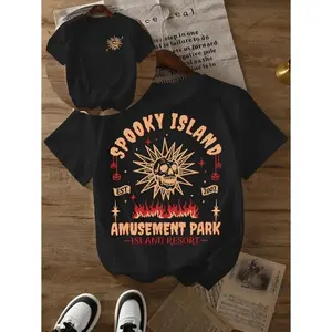 Spooky Island Amusement Park Skull & Flames Graphic T-Shirt - Men'S & Women'S Casual Short Sleeve Crew Neck Tee, Soft Cotton Blend, Breathable Comfort, Relaxed Fit, Black Gothic Streetwear Top - Perfect For Halloween Parties, Theme Park Outings, Goth & Gr