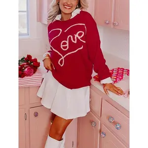 Round-neck heart-print sweater, casual long-sleeve sweater, suitable for everyday outdoor wear, women’s style suitable for all seasons