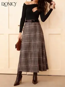 Women's Autumn Winter Fashion, A-Line Midi Skirt in Plaid Wool Fabric, Vintage Elegant British Style, Perfect for Work Commute, Dates, Daily Casual, New Year Parties