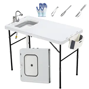 AHB 50" Folding Fish Cleaning Table with Foldable Sink, Outdoor Fillet Station Portable Camping Kitchen Station  with Smaller folding volume, Larger Desktop, Fish Cleaning Kit, Camping Sink with Hose Hookup for Picnic, Fishing, Patio
