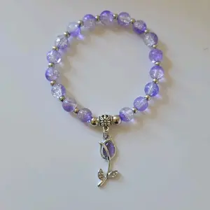 Elegant Rose Cat Eye Charm Bracelet with Silver Tone Charm