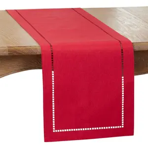 SARO  14 x 120 in. Oblong Red Laser-Cut Hemstitch Table Runner