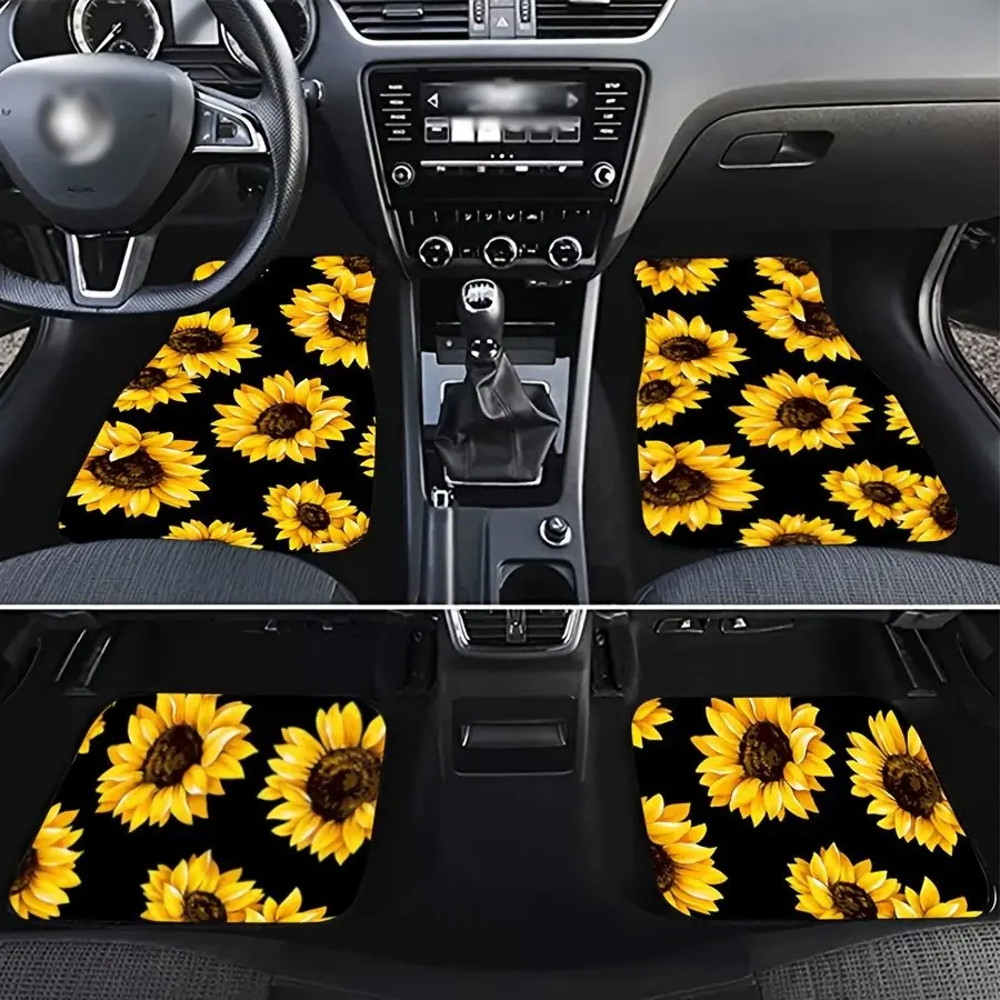 4pcs Sunflower Pattern Car Floor Mats, Universal Non-Slip Front and Rear Mat, Durable Car Interior Protection, Car Interior Accessory, Floor Mats for Car, Car Mat Set, Interior Car Accessories, Automotive Floor Mats, Car Mats Cars