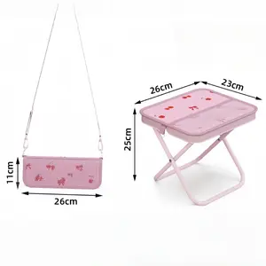 Cute Pink Cherry Print Folding Table – Portable Mini Desk for Bed, Sofa & Dorm Use, Perfect for Snacks & Laptops