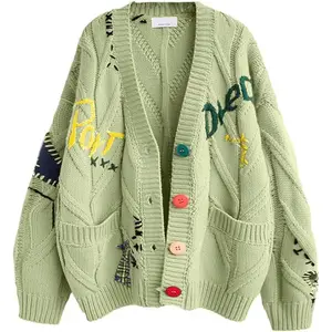 Women's Cable Knit Long Sleeve Open Front Cardigan Sheep V-Neck Button Down Embroidery Wool Blend Sweater Coat Outwear