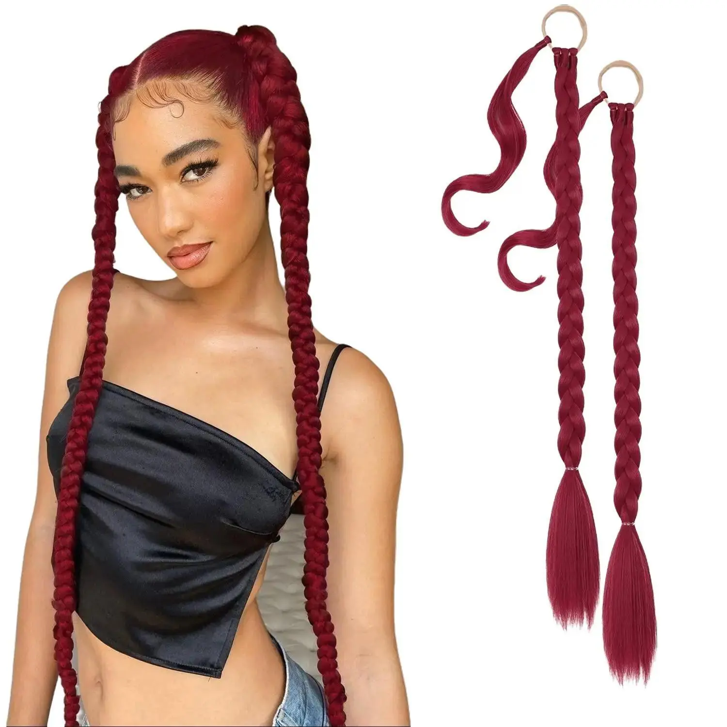 AISI HAIR 32inch 2PCS Long Braided Ponytail Extension for Galentine's Party Style Ponytail Synthetic Hair Piece for Women  Braiding Wig Red Girl Glueless Newborn Hairline Clip In Clip In