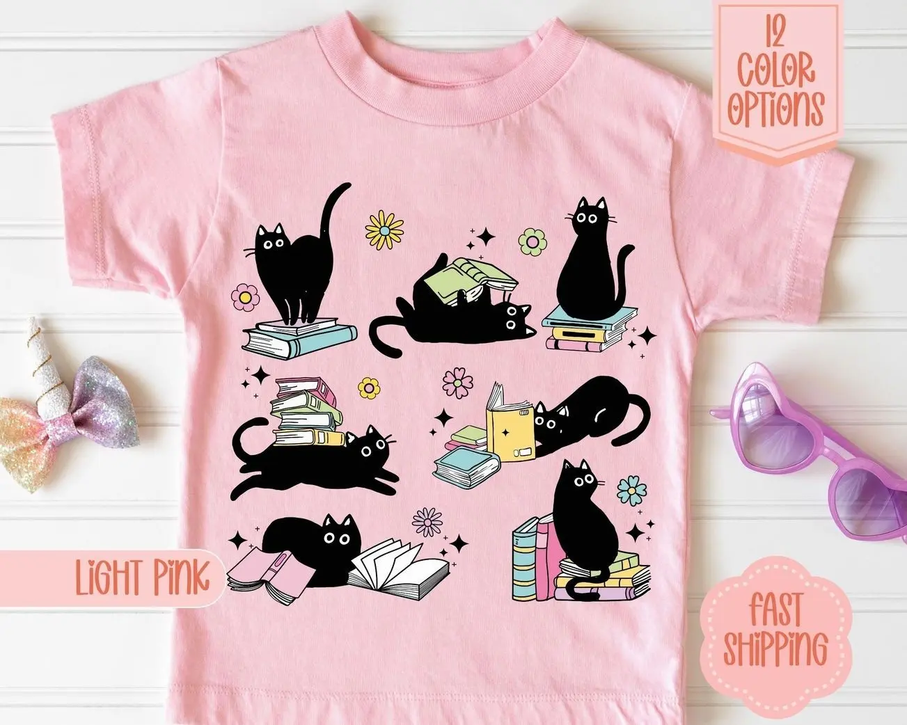 Cute Cats and Books Kids T-Shirt, Reading Cat Graphic Tee, Book Lover Shirt for Boys & Girls, Toddler Youth Cat Shirt, Bookworm Gift