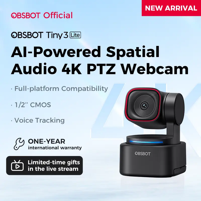OBSBOT Tiny 3 Lite AI-Powered Spatial Audio 4K Webcam - Compact AI Tracking PTZ Camera with 1/2" Sensor, Tri-Mic, Voice Control, 120FPS, HDR, Webcam for PC, Mac, Laptop, Streaming, Meeting, Switch 2