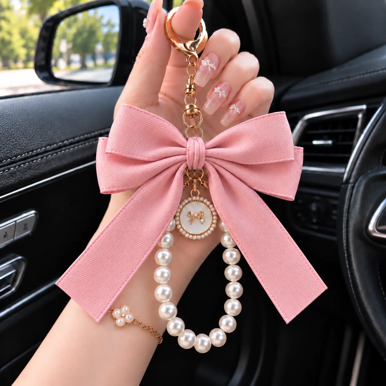Women's Elegant Bow & Pearl Bag Charm, Cute Bag Decoration and Keychain Accessory, Multi-Use Phone Charm, Car Keychain, Rearview Mirror Charm and Tumbler Charm