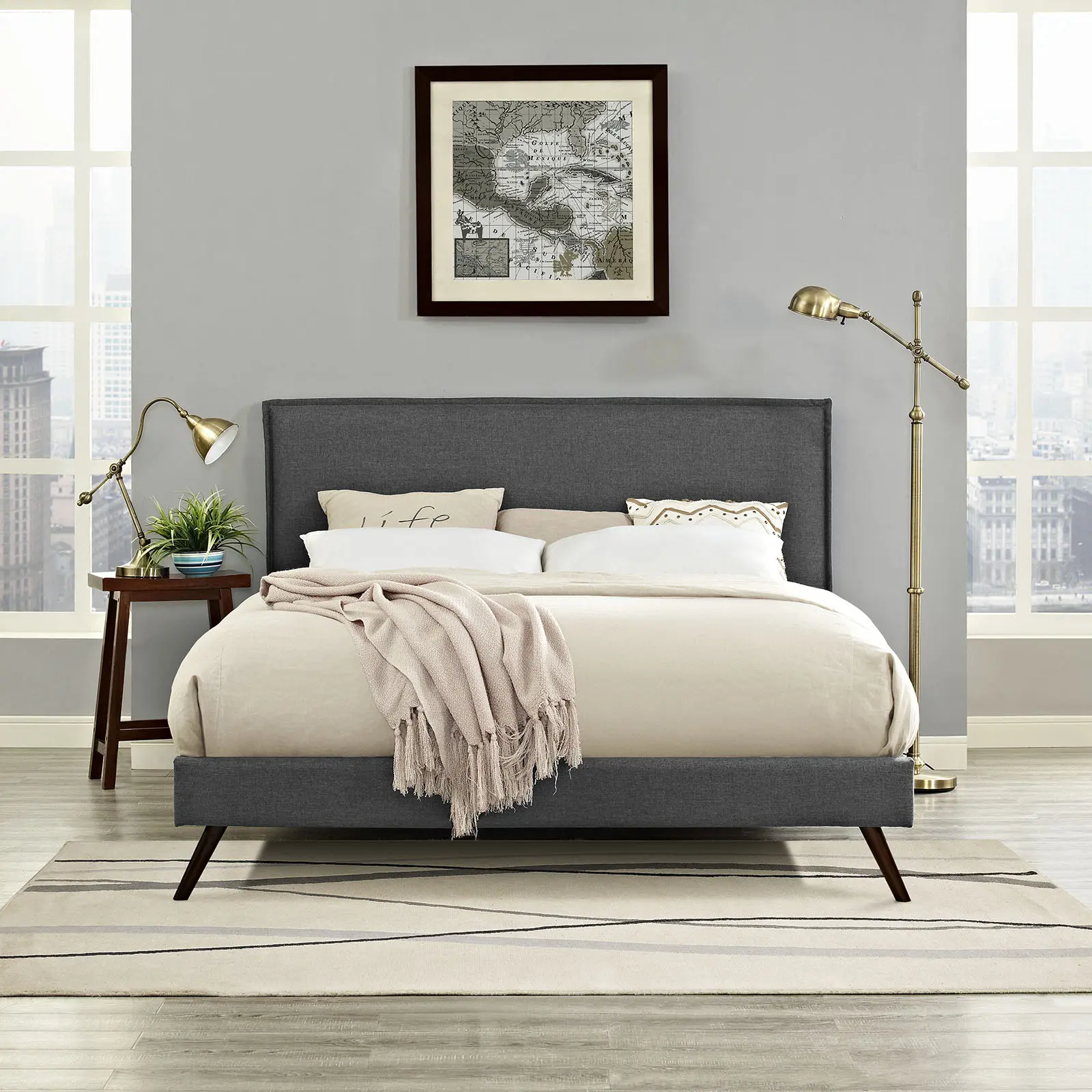 Camille Fabric Full Platform Bed with Round Splayed Legs in Gray