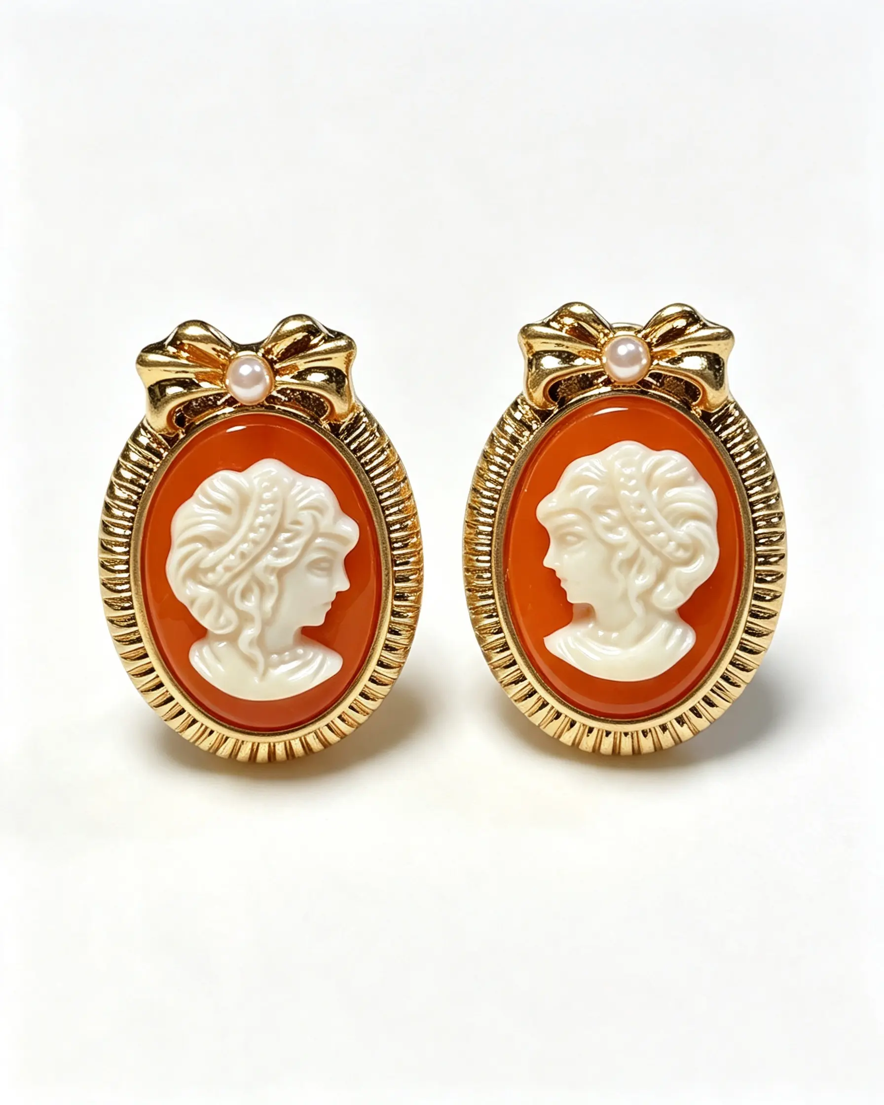 Victorian Cameo Portrait Stud Earrings for Women, Retro Amber Orange Resin Bowknot Button Earrings, Dark Academia Light Academia Clip-On Fashion Jewelry,Hypoallergenic 925 Silver Post Fashion Jewelry