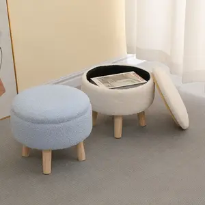 Storage Stool Soft Cream-Colored Upholstered Storage Stool Plush Round Storage Stool Multi-Functional Storage Footstool Suitable for Entryway Shoe Changing, Bedroom Dressing Table, Living Room Coffee Table, Children's Play Area, Apartments, and Nursery