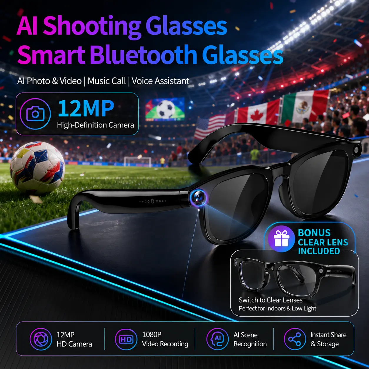 12MP Camera Unisex Adult Modern AI Integrated Smart Glasses - 12MP Camera, OpenAI Recognition, 1080P Anti-Shake Video Recording, Wireless Translation, Long-Lasting Batteries