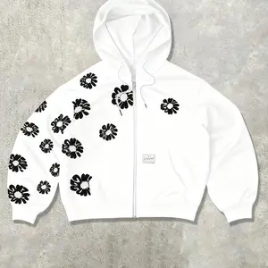 Floral Print Hooded Zipper Sweatshirt, Casual Trendy Fall & Winter Top, Graphic Pattern, Fitted Style, French Terry Material