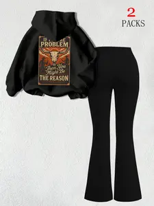 Women's Warm Sweatshirt Set + Slim Fit Flared Pants, Casual Winter, Cow Head Letter Graphic Print, Kangaroo Pocket Design, Womenswear