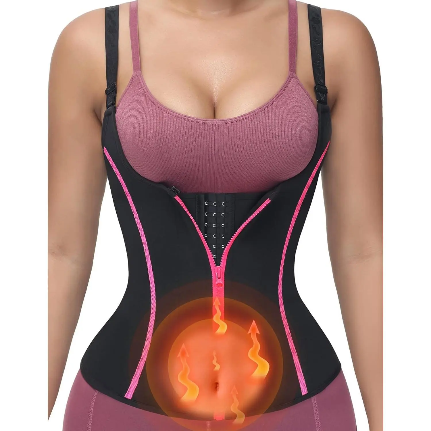 Women's Sauna Vest Compression Waist Trainer, Basic Black Abdominal Workout Shapewear Top with Front Zipper and Adjustable Straps, Women's Clothes, Black-Adjustable Shoulder Straps