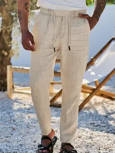 Men's Casual Linen Tie-Waist Pants, Breathable Loose-Fit Sport Long Trousers, All-Season American Beach Style, Solid Pattern, Casual Outdoor Trouser
