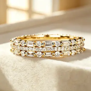 Gold Multi-Cut CZ Stackable Ring| Triple-Layer Baguette & Round Pave| Perfect Wedding & Bridal Jewelry