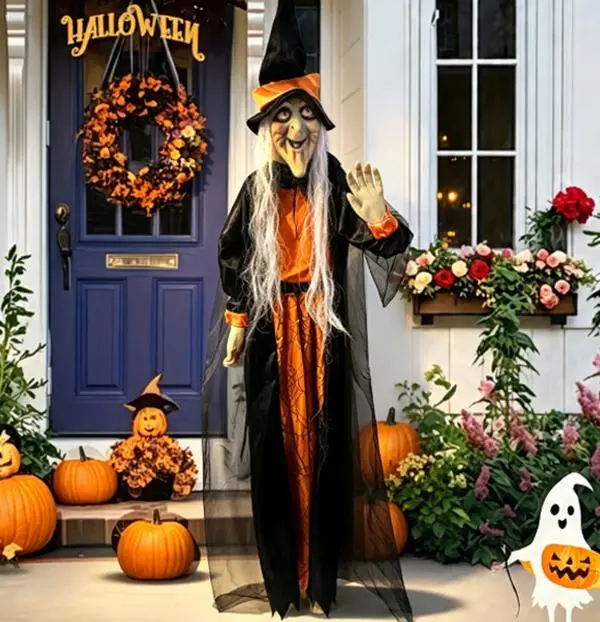 Life Size Waving Witch Halloween Prop - Large Scary Standing Figurine with Black-Orange Robe, Outdoor Front Porch Lawn Haunted House Party Ornament