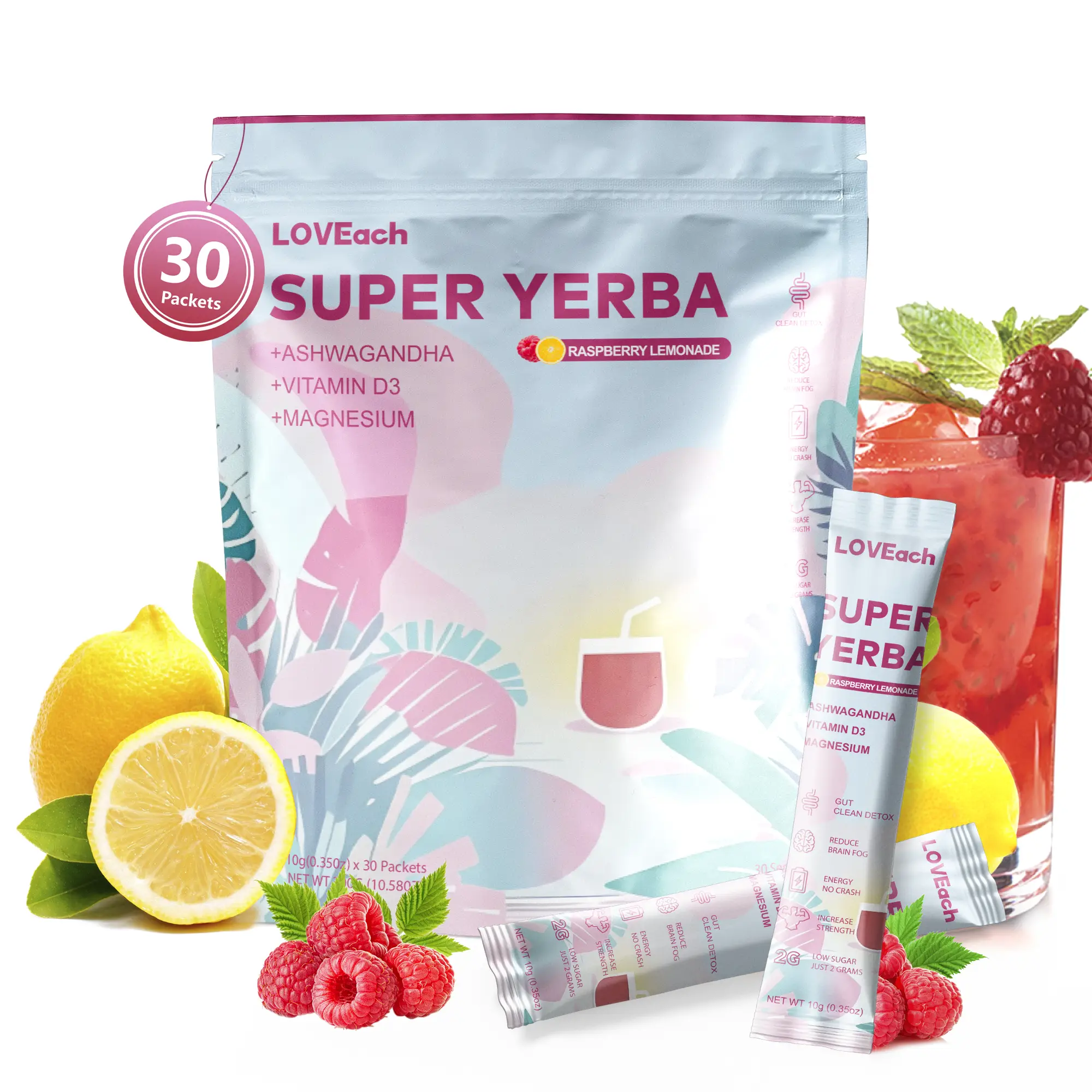 Super Yerba |Pure and natural Yerba Mate Instant Tea Powder | RASPBERRY LEMONADE Flavor | Clean Natural Energy|Dietary Supplement 30 Servings Bevera