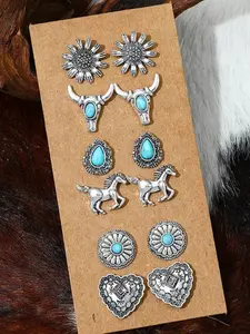 12-Piece Metal Vintage Western Cowboy Jewelry Set, Earring Stacking Set, Floral, Turquoise, Bull, Horse, Heart Patterns, Heart Stud Earrings, Beach Party Accessories