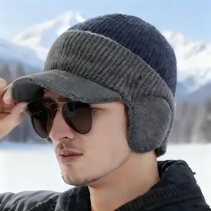 3PCS/2PCS/1PC Men's fleece-lined wool hat, winter ear flap, knitted warm baseball cap, outdoor youth cycling color-blocked hat