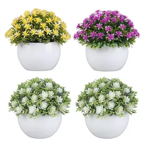 Set of 4 Small Artificial Potted Plants with White Pot, Lifelike PE Leaves for Home Office Desk Decor