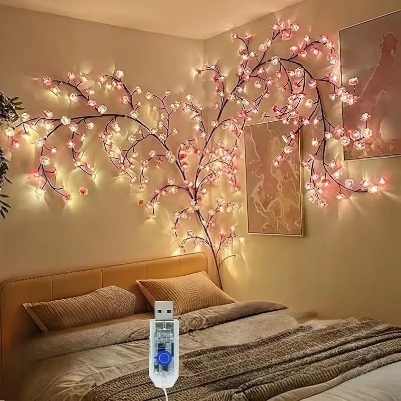 96 Light Cherry Blossom Vine String Lights 48 LEDs 48 Cherry Blossoms Bendable LED Branch Lights 8 Lighting Modes USB Powered DIY Indoor Ambient Decor For Bedroom Living Room Wall Party Holiday Wedding