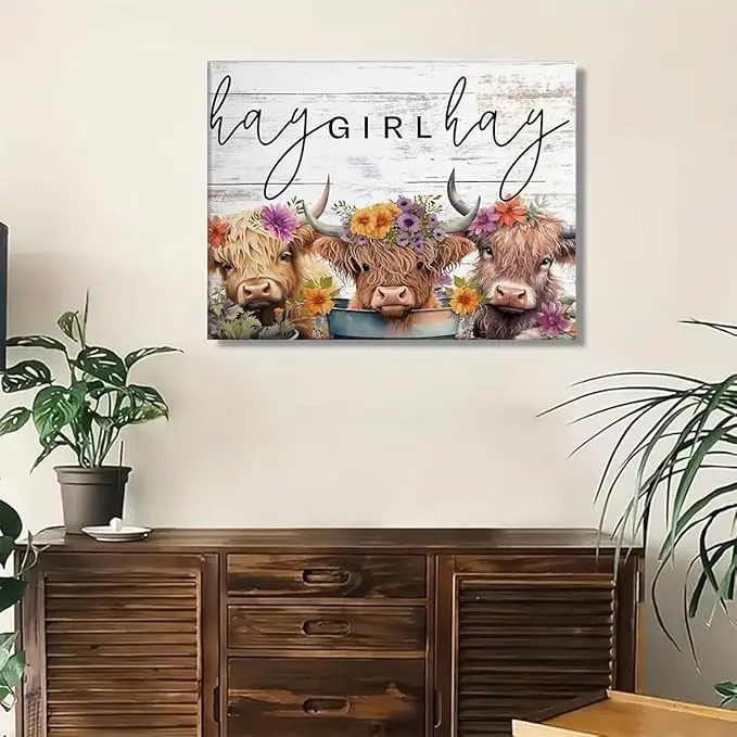 5D DIY Full Drill Diamond Painting Kit Hay Girl Hay Highland Cows with Flower Crowns Art Craft for Adults Home Wall Decor Handmade Gifts Handicraft