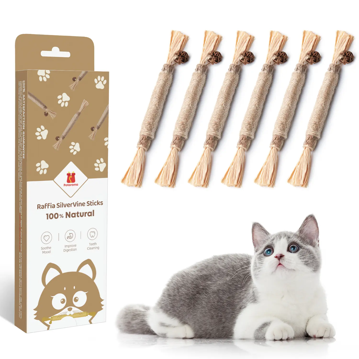 Potaroma 6-Pack Durable for Gnashers Bite-Resistant Natural Silvervine Cat Chew Sticks with Textured Rope, Gall Fruit, Fresh Breath, Teeth Cleaning Dental Grooming Supplies for Kittens & Cats, Calm Relaxation