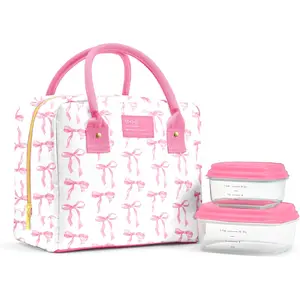 Fit & Fresh Bloomington Lunch Bag for Women - Insulated Large Lunch Box for Work with Containers, Leak-Resistant, Stain-Resistant, Zipper Closure, Pink Bows